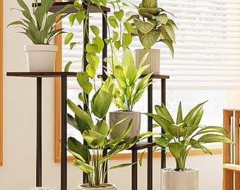 7 Tier Metal Indoor Plant Stand Large Flower Shelf for Multiple Plants for Living Room Perfect for Displaying Book Photos Green Plant Brown