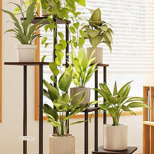 7 Tier Metal Indoor Plant Stand Large Flower Shelf for Multiple Plants for Living Room Perfect for Displaying Book Photos Green Plant Brown