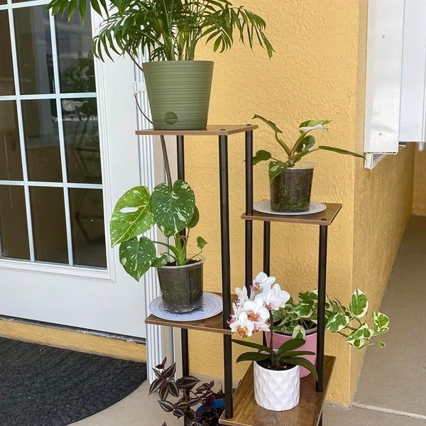 35.4" Tall Sturdy 5 Tier Metal Plant Stand Wood Plant Shelf for Multiple Flower Pots Perfect for Corners Room Balcony Window Stable Design