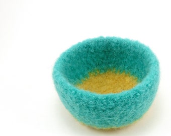 Felted wool bowl - mini felt basket - felted ring bowl - mint and yellow