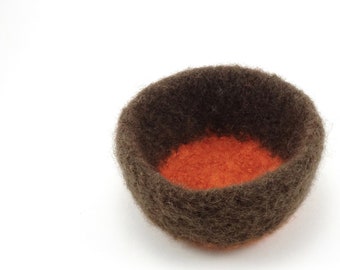 Felted wool bowl - felt ring bowl - color block bowl - brown and orange