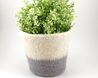 Felted wool planter - color block pot - cream and silver