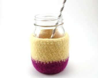 Wool felted mason jar cover - mason jar sleeve - felted wool - butter yellow and fuchsia