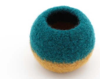 Wool felted bowl - bubble bowl - spruce and mustard