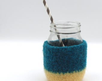 Wool felted mason jar cozy - felt jar sleeve - ocean blue and butter yellow