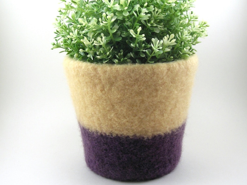Wool Felted Planter Wool Pot Color Block Felt Butter Yellow and Violet