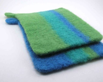 Felted wool potholders - wool hot pads - pot holder set - cerulean, spring green and mint