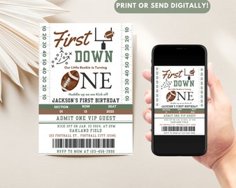 First Year Down Football Birthday Evite| Boy First Birthday Mobile Evite| Football Phone Invite| Editable Ticket Boys First Football Evite