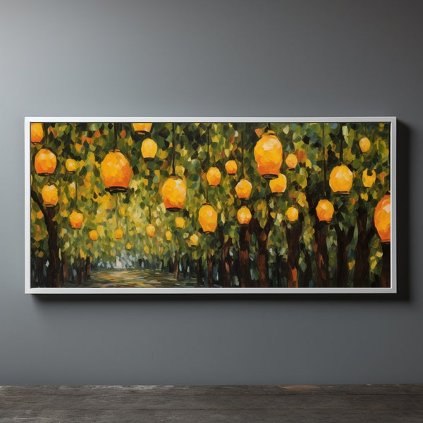 Illuminated Nature, Orange Grove and Lanterns Oil Painting, Digital Print