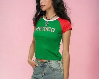 EvansY2K Mexique haut en jersey - t-shirt court de football - esthétique des années 2000 - t-shirt bébé Mexique - chemise Mexique - haut court de football