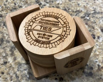 Laser Engraved Bamboo Coaster Set with Holder: Rustic Modern Decor