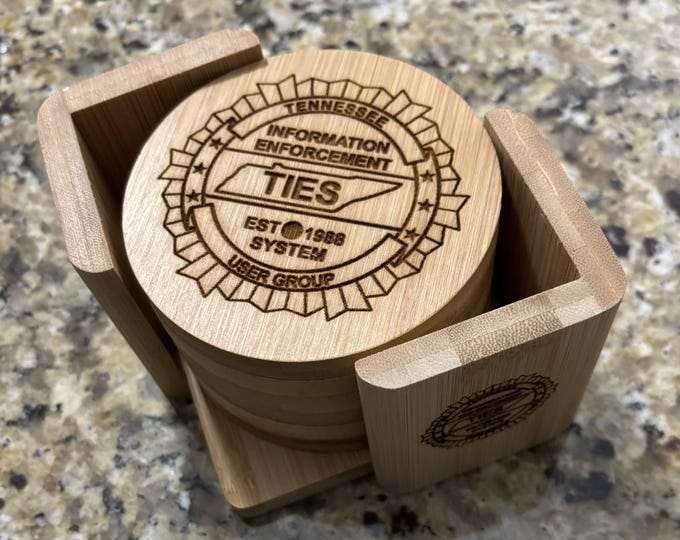 Laser Engraved Bamboo Coaster Set with Holder, Eco-Friendly 6-Peice Drink Coasters, Rustic & Modern Home Decor, Housewarming Gift