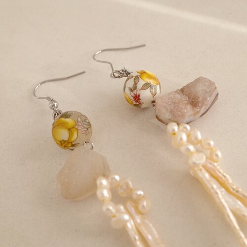 Vintage shops Freshwater Stick Pearl Earrings Collage Amethyst Rock Handmade