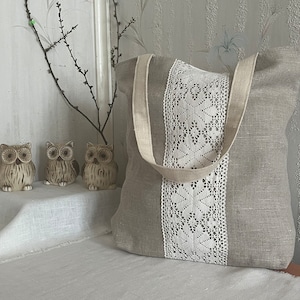 Bolsa de lino natural, bolsa de compras, tamaño mediano, bolso de mano de lino hecho a mano