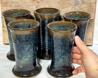 Set of 5 Charcoal and Teal Tumblers | Handmade Stoneware Cup Set | Southern Folk Art Drinkware | Ready to Ship