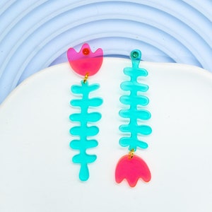 Pink and Aqua Leaf Dangle Earrings l Whimsical Acrylic Floral Statement Jewelry l Lightweight Push Back Earrings l Unique Christmas Gifts