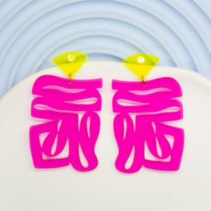 Neon Pink Abstract Acrylic Earrings l Statement Dangle Earrings l Lightweight & Modern Geometric Jewelry