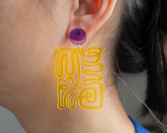 Yellow Acrylic Statement Earrings Abstract Modern Dangle Earrings Lightweight Geometric Acrylic Contemporary Art Jewelry