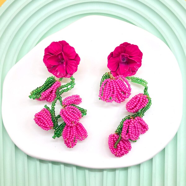 Oversized oorbellen met grote bloemen / Zomeroorbellen / Druppeloorbellen met bloemen / Roze oorbellen / Statementoorbellen