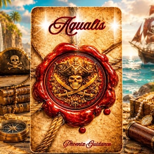 Peut inclure: Une carte rectangulaire avec le texte Aqualis et Phoenix Guidance, centrée sur un sceau en cire rouge orné d'un emblème de crâne et de tibias croisés. L'arrière-plan montre un navire pirate, un coffre au trésor, une lanterne et une boussole.