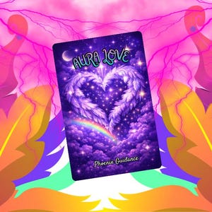 Peut inclure: Une carte rectangulaire avec les mots "Aura Love" et "Phoenix Guidance". La carte présente un motif en forme de cœur fait de plumes, un arc-en-ciel et un ciel étoilé. Le fond est un mélange vibrant de violet, rose, orange et bleu.