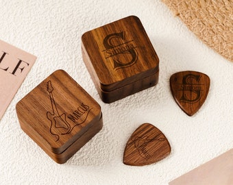 Engraved Wooden Guitar Picks Box,Personalized Guitar Picks,Guitar Pick Holder Storage,Wooden Guitar Gift,Gift for Guitarist,Gifts for dad