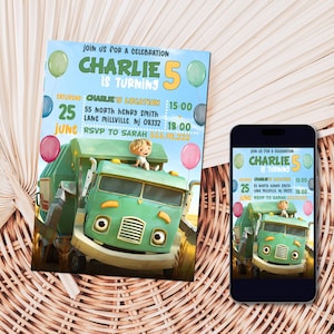 May include: A green and yellow birthday invitation for a boy turning 5. The invitation features a cartoon garbage truck with a boy sitting on top. The text on the invitation reads "Join us for a celebration Charlie 5 is turning. Saturday June 25 15:00-18:00. Charlie's Location: 55 North Henry Smith Lane Millville, NJ 08332. RSVP to Sarah 555.111.222".