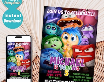 May include: A printable invitation for a child's birthday party. The invitation features characters from the movie Inside Out. The text on the invitation reads "Join us to celebrate! Michael is turning 5. Saturday, April 22th, 3pm-6pm. Michael's Place, 3503 McDowell Street, Harlem MT 37211. RSVP to Mom at 555.124.245."