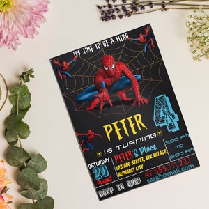 May include: A black and red Spiderman birthday invitation with a web design. The invitation says "It's time to be a hero" and "Peter is turning 4". It includes the date, time, location, and RSVP information.