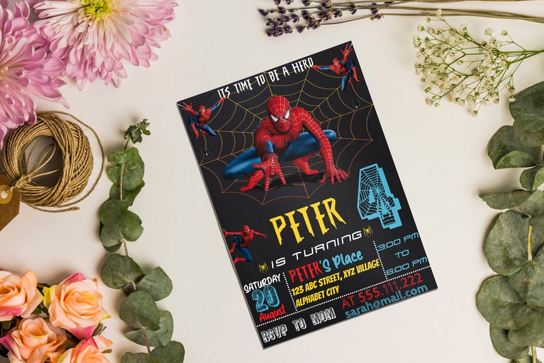 May include: A black and red Spiderman birthday invitation with a web design. The invitation says "It's time to be a hero" and "Peter is turning 4". It includes the date, time, location, and RSVP information.