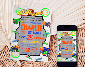 Invitation de fête d'anniversaire modifiable | Faire-part d'anniversaire fléchettes, Faire-part d'anniversaire Nerf | Modifiable avec Canva Imprimable | Téléchargement instantané