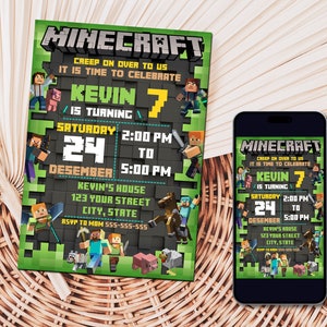 Editable Minecraft Birthday Invitation Mine Invite Template Minecrafter birthday invitations Editable in Canva Invite Instant Download image 1