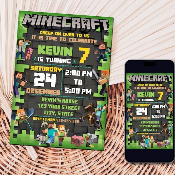 Bearbeitbare Minecraft-Geburtstagseinladung | Meine Einladungsvorlage | Minecrafter-Geburtstagseinladungen | Bearbeitbar in Canva Invite Instant Download