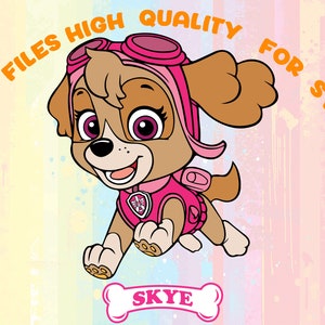 May include: A cartoon illustration of Skye, a brown and white dog from the Paw Patrol, wearing a pink helmet and goggles. She is flying through the air with her paws outstretched. The text "ALL FILES HIGH QUALITY FOR SVG" is written around the image. The text "SKYE" is written below the image.