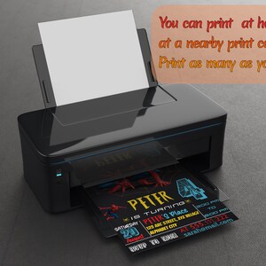 May include: A black and blue printer with a white sheet of paper in the tray. The printer is printing a colorful invitation for a child's birthday party. The invitation features a cartoon superhero character and the text "Peter is turning 4".