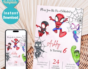 Puede incluir: Una invitación de cumpleaños rosa y blanca con un diseño de telaraña. La invitación presenta imágenes de dibujos animados de Spiderman, Black Panther, Ghost Spider y Hulk. El texto de la invitación dice "Please Join Us For a Celebration", "Ashley is Turning 6", "24 August Saturday", "At 6:00 PM RSVP to Mom 222-555-888", y "123 Write Your Address Here, City".