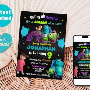 May include: A printable invitation for a Monsters Inc. themed birthday party. The invitation features a black chalkboard background with a purple, blue, and green monster character illustration. The text on the invitation reads "Calling All Monster for a SCREAM of a time!" and "Join us to celebrate Jonathan is turning 9". The invitation also includes the date, time, and location of the party.
