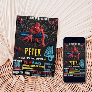 May include: A Spiderman-themed birthday invitation with a black background, red and blue Spiderman character, and a web design. The invitation says "It's time to be a hero" and "Peter is turning 4". The invitation also includes the date, time, location, and RSVP information.
