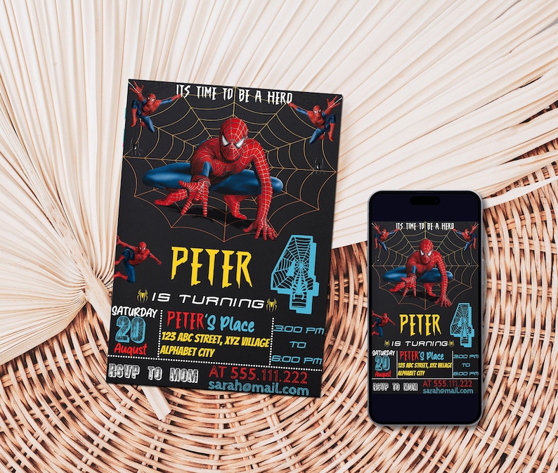 May include: A Spiderman-themed birthday invitation with a black background, red and blue Spiderman character, and a web design. The invitation says "It's time to be a hero" and "Peter is turning 4". The invitation also includes the date, time, location, and RSVP information.