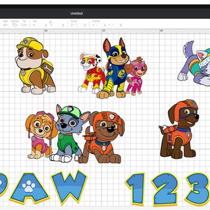 May include: A digital design featuring the Paw Patrol characters, including Chase, Skye, Marshall, Rocky, Rubble, Zuma, Everest, and Tracker. The characters are in their signature colors and poses. The text "PAW 123" is also included in the design.