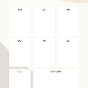 以下が含まれることがあります： ニュートラルカラーの週間プランナー。ページ上部には週と月のスペースがあります。プランナーは週の各曜日のセクションに分かれており、下部にはメモセクションがあります。Mein Wochenplanの文字が見えます。