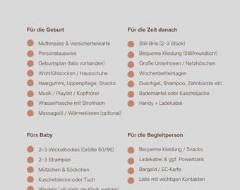 Checkliste Kliniktasche Geburt – Digitale PDF zum Ausdrucken – Schwangerschaftsplaner – To-do-Liste für die Krankenhaustasche