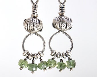 Silver Lotus Bud Earrings with Green Apatite