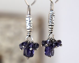 Rich Blue/Purple Iolite Cluster on Silver Beaded Earrings