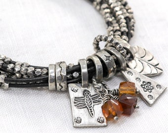 Silver and Hessonite Garnet Charm Bracelet