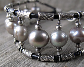 Pearl, Silver and Leather Cuff Bracelet