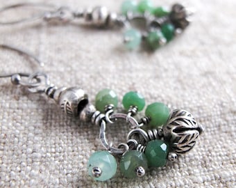 Long Silver Flower Bud Dangle Earrings with Green Chrysoprase