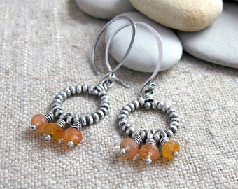 Silver Beaded Ring Earrings with Carnelian