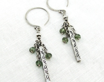 Silver Folk Art Earrings with Green Apatite