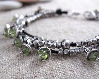 Leather and Silver Bracelet with Peridot